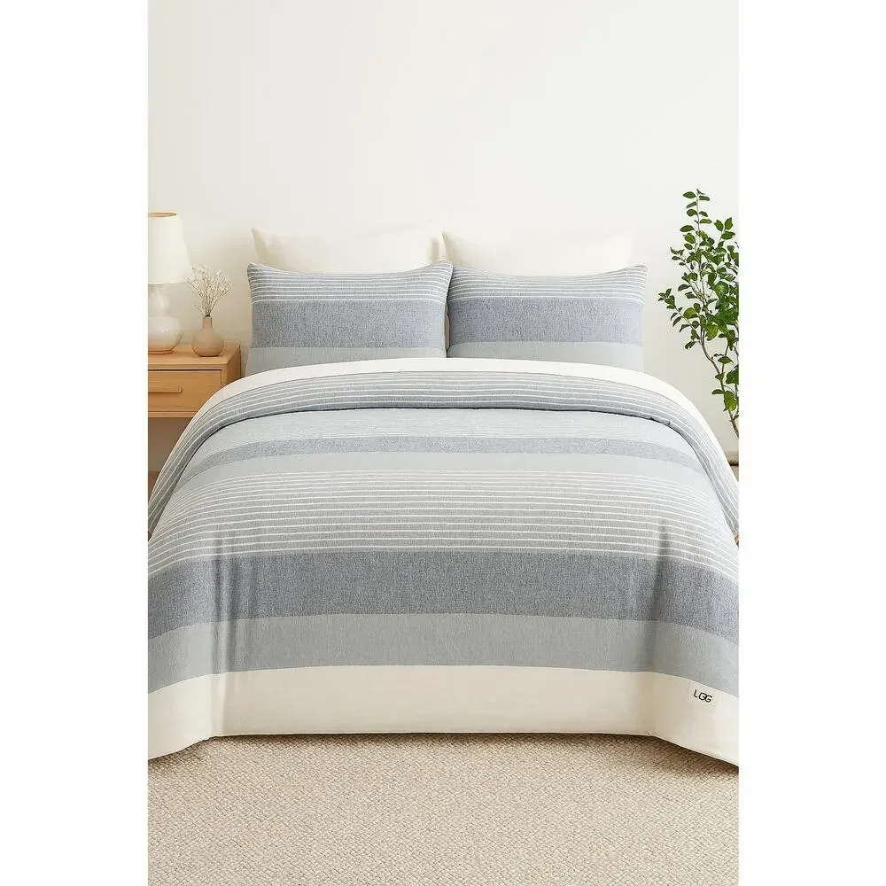 UGG Gray White Teal Gauzy Striped Full/Queen Duvet Cover 2 Standard Pillow Shams